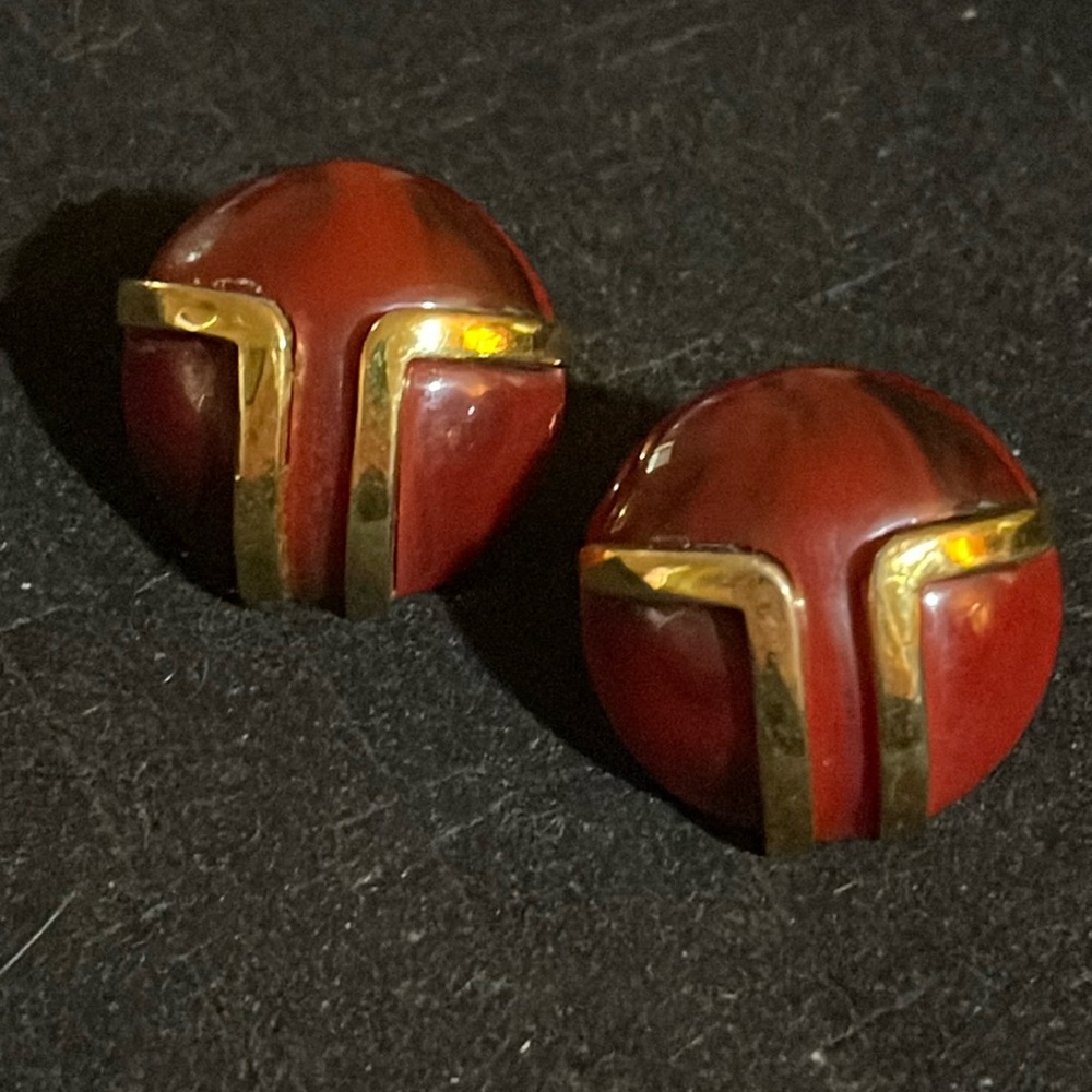 Vtg Lanvin & Crown Trifari Red & Gold 80s Button Earrings